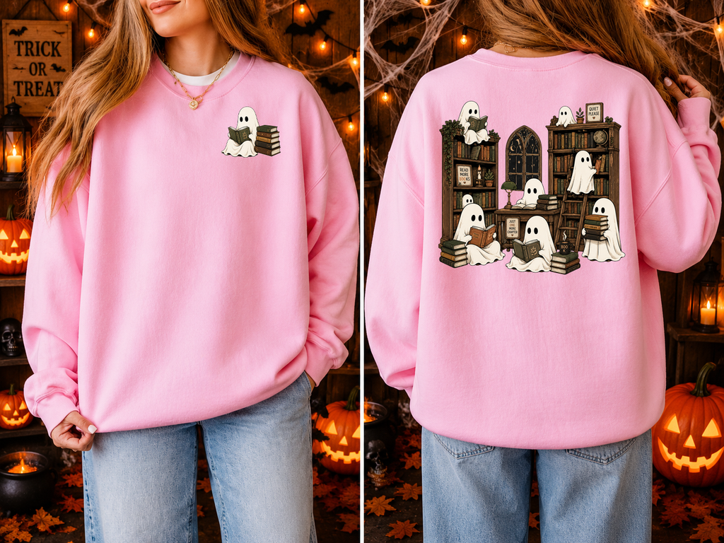 Ghost and Bookshelf, Books, Halloween, Gildan Sweatshirt