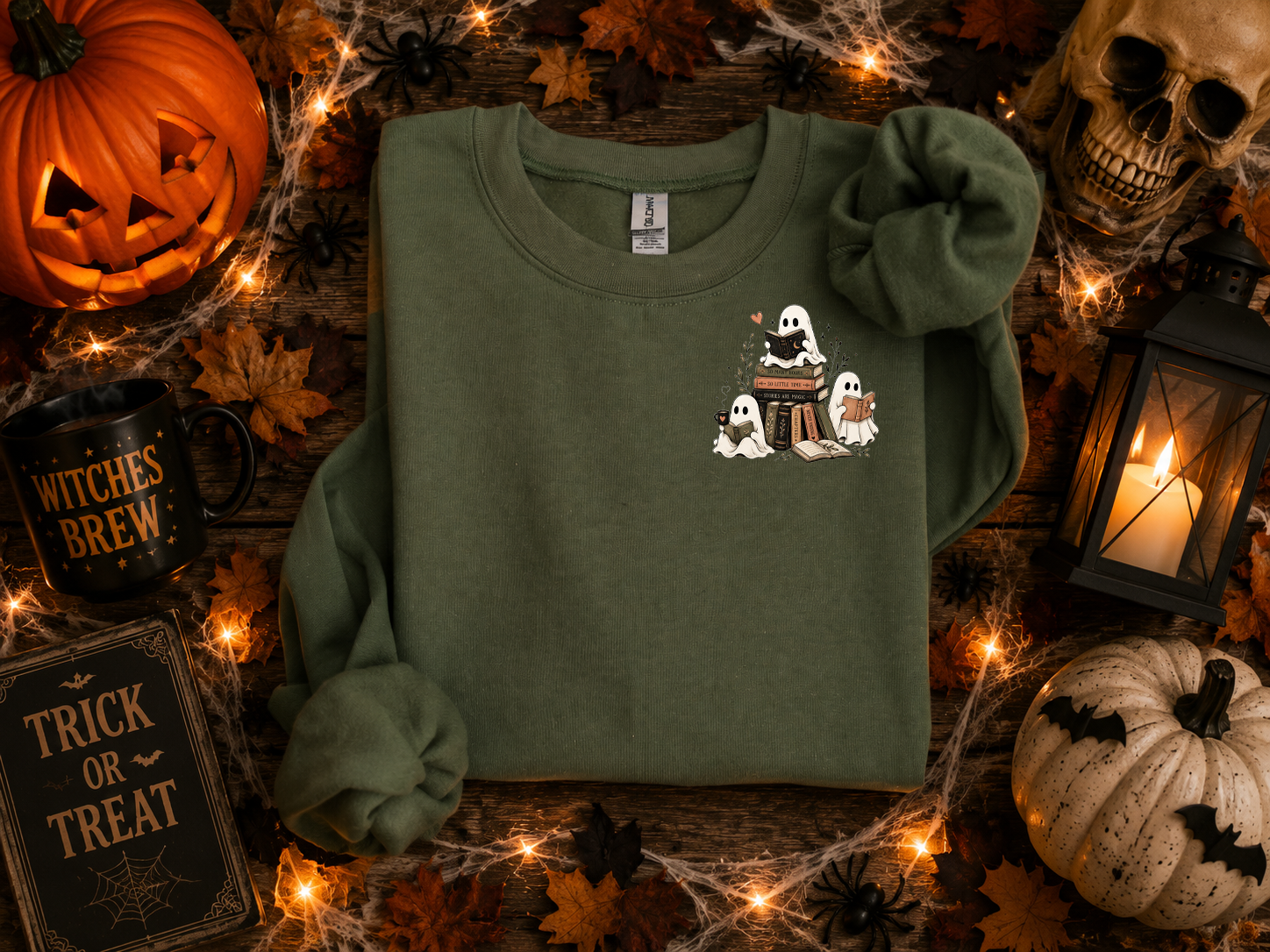 Ghost and Books, Reading, Ghost, Halloween, Gildan Sweatshirt