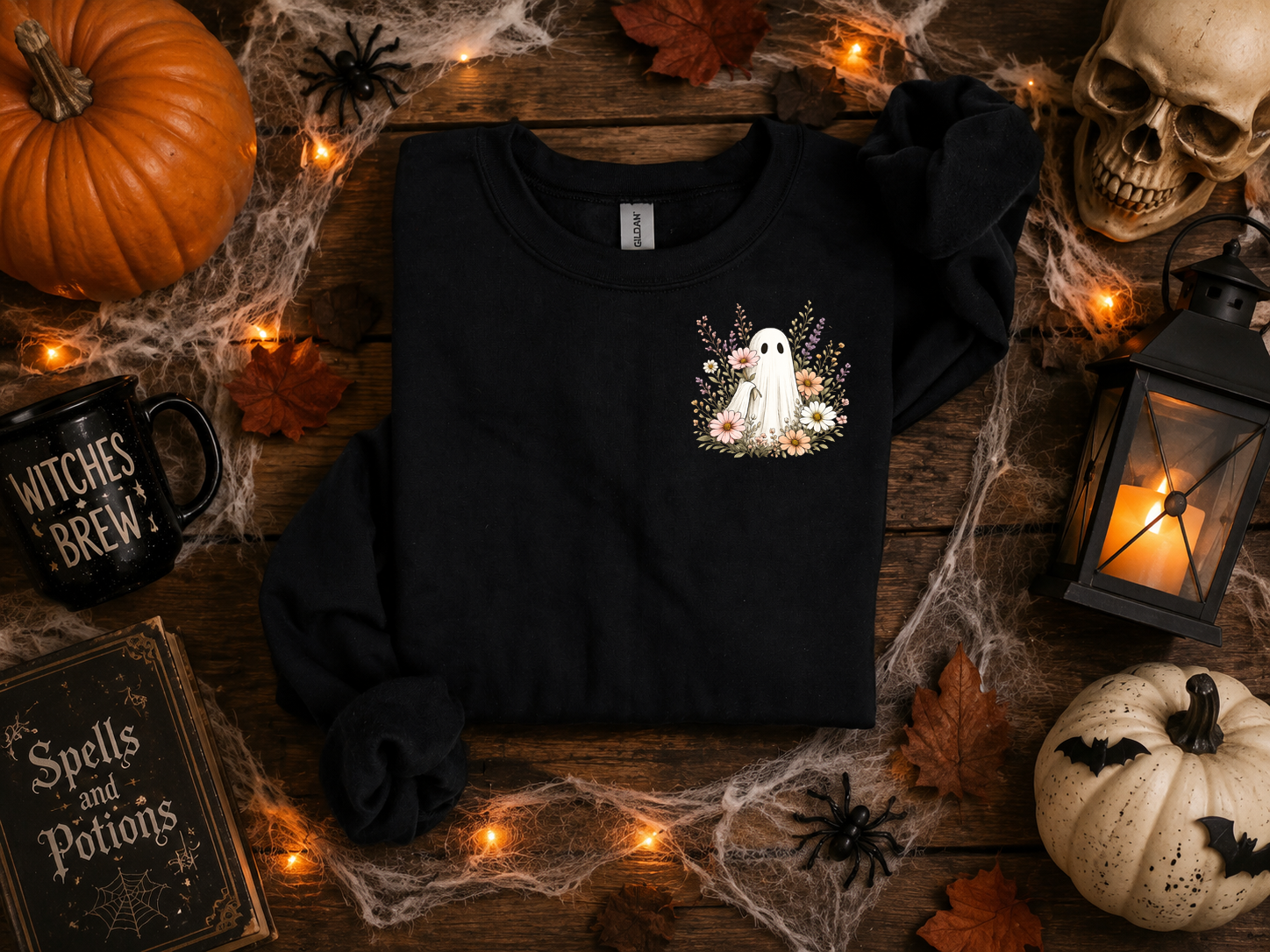 Ghost and Flowers, Ghost, Halloween, Gildan Sweatshirt
