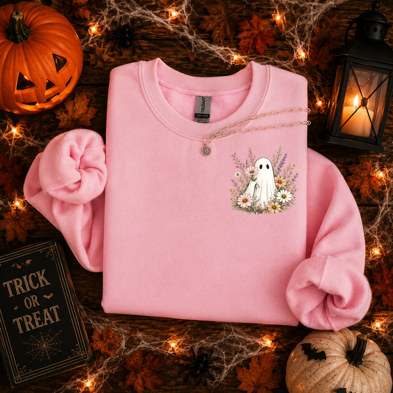 Ghost and Flowers, Ghost, Halloween, Gildan Sweatshirt