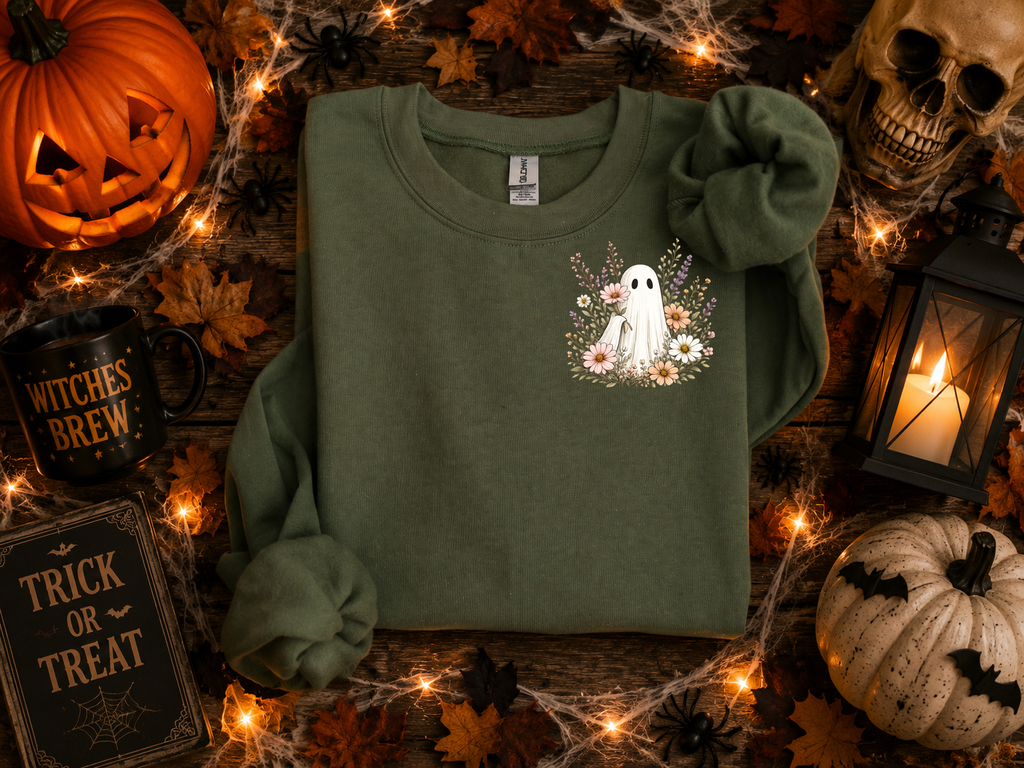 Ghost and Flowers, Ghost, Halloween, Gildan Sweatshirt