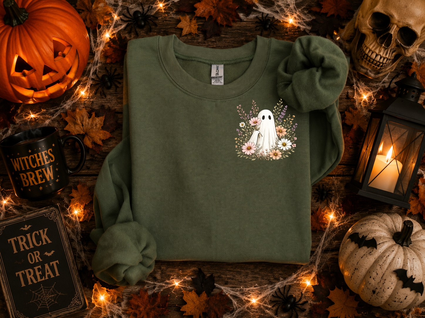 Ghost and Flowers, Ghost, Halloween, Gildan Sweatshirt