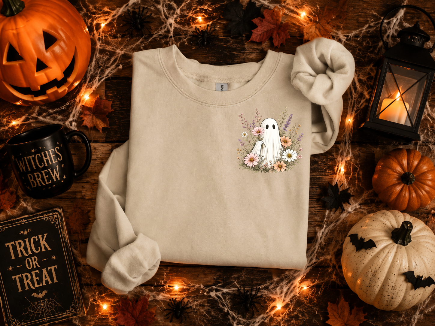 Ghost and Flowers, Ghost, Halloween, Gildan Sweatshirt