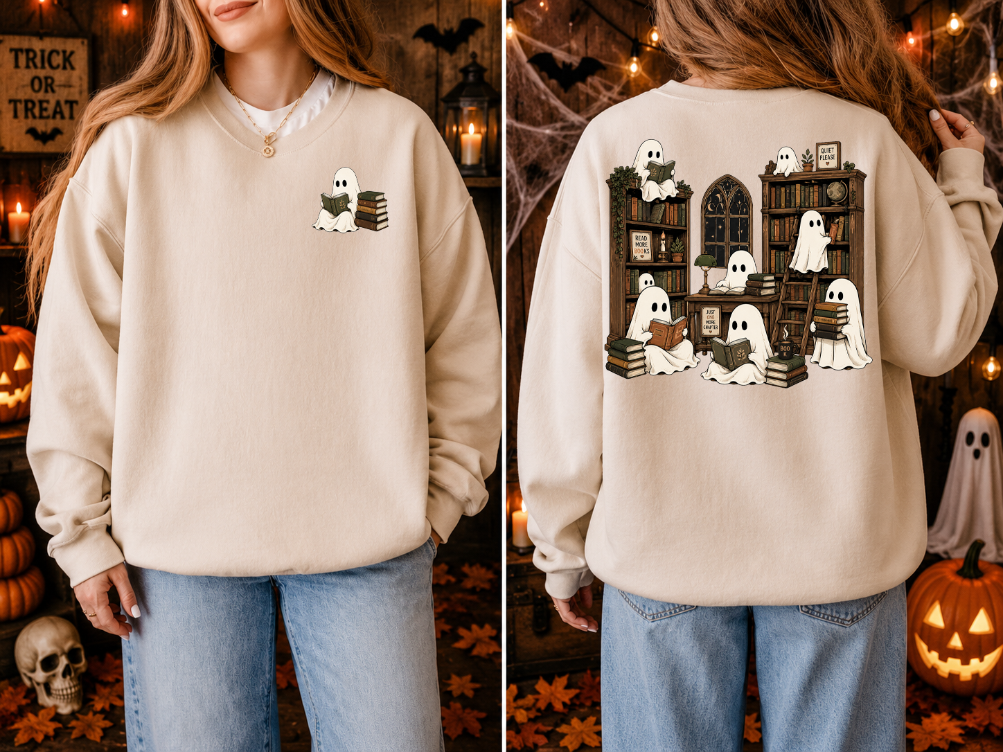 Ghost and Bookshelf, Books, Halloween, Gildan Sweatshirt