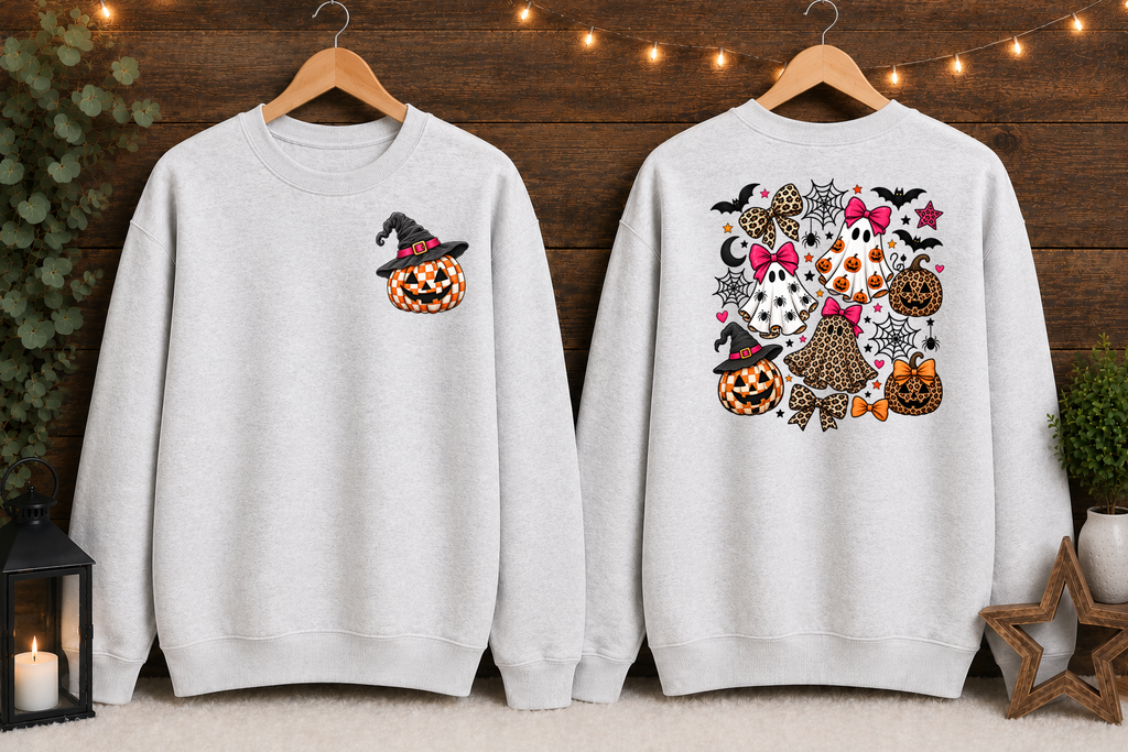 Spooky Cute Halloween Ghost & Pumpkin Sweatshirt – Leopard Print Bows, Witchy Pumpkin, Front & Back Halloween Crewneck