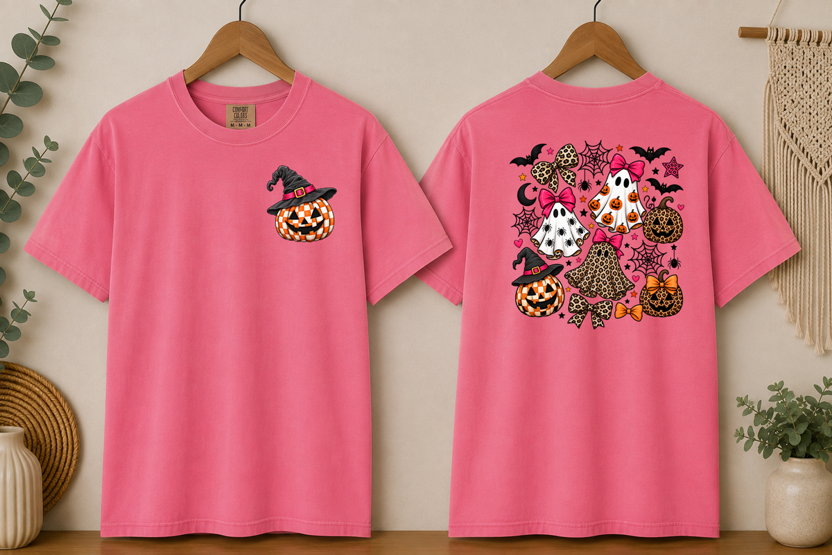 Halloween Ghost & Pumpkin Comfort Colors T-Shirt – Leopard Print Bows, Spooky Cute Front & Back Graphic Tee