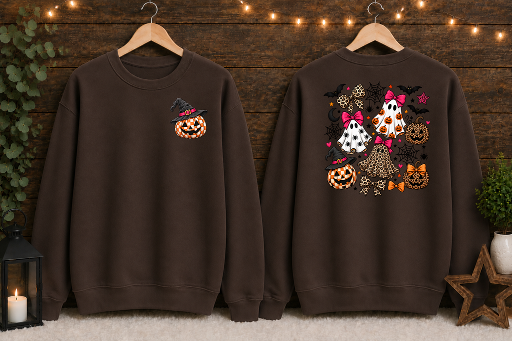 Spooky Cute Halloween Ghost & Pumpkin Sweatshirt – Leopard Print Bows, Witchy Pumpkin, Front & Back Halloween Crewneck