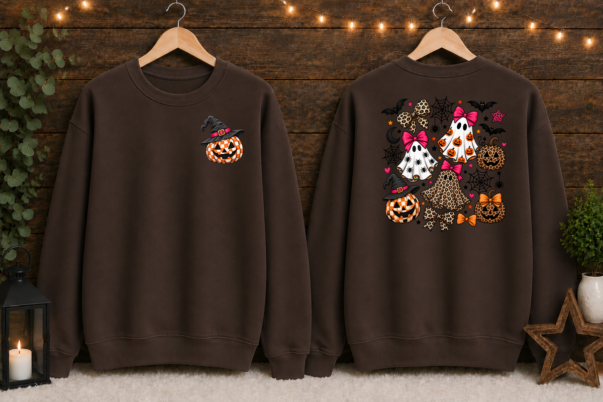 Spooky Cute Halloween Ghost & Pumpkin Sweatshirt – Leopard Print Bows, Witchy Pumpkin, Front & Back Halloween Crewneck