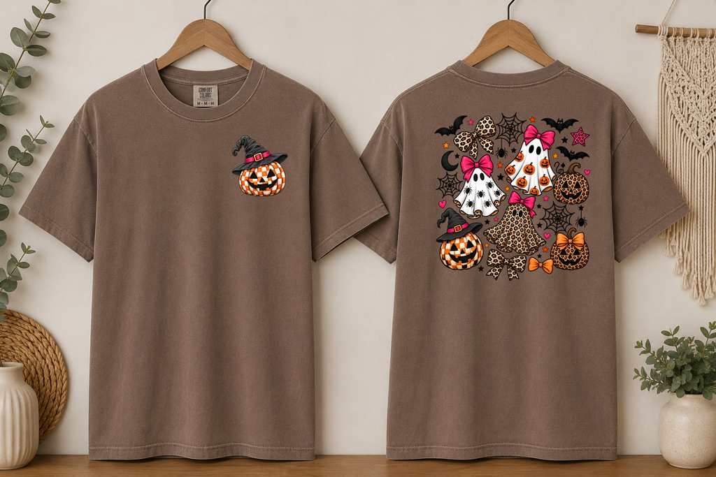 Halloween Ghost & Pumpkin Comfort Colors T-Shirt – Leopard Print Bows, Spooky Cute Front & Back Graphic Tee
