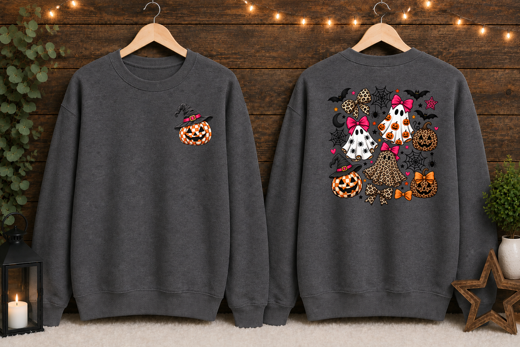 Spooky Cute Halloween Ghost & Pumpkin Sweatshirt – Leopard Print Bows, Witchy Pumpkin, Front & Back Halloween Crewneck
