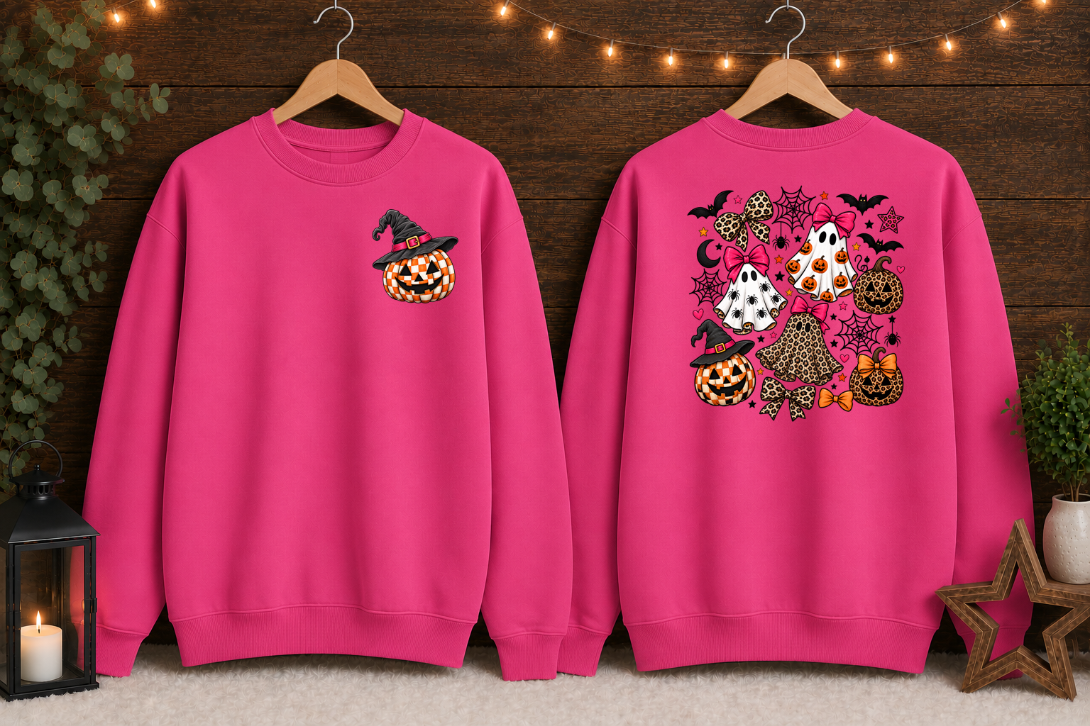 Spooky Cute Halloween Ghost & Pumpkin Sweatshirt – Leopard Print Bows, Witchy Pumpkin, Front & Back Halloween Crewneck