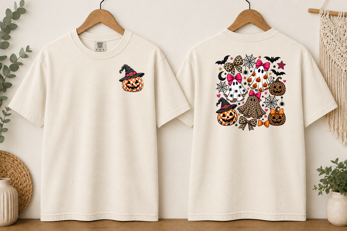 Halloween Ghost & Pumpkin Comfort Colors T-Shirt – Leopard Print Bows, Spooky Cute Front & Back Graphic Tee