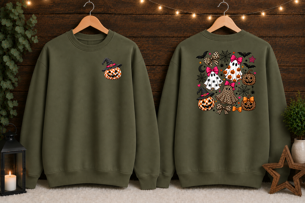 Spooky Cute Halloween Ghost & Pumpkin Sweatshirt – Leopard Print Bows, Witchy Pumpkin, Front & Back Halloween Crewneck