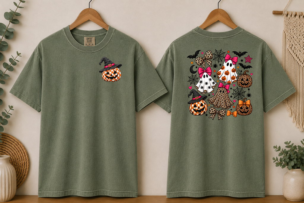 Halloween Ghost & Pumpkin Comfort Colors T-Shirt – Leopard Print Bows, Spooky Cute Front & Back Graphic Tee