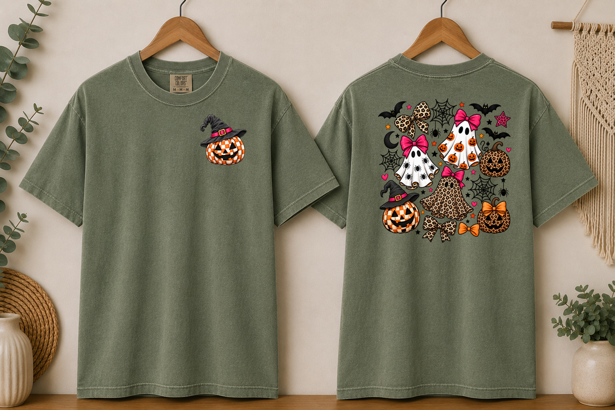 Halloween Ghost & Pumpkin Comfort Colors T-Shirt – Leopard Print Bows, Spooky Cute Front & Back Graphic Tee