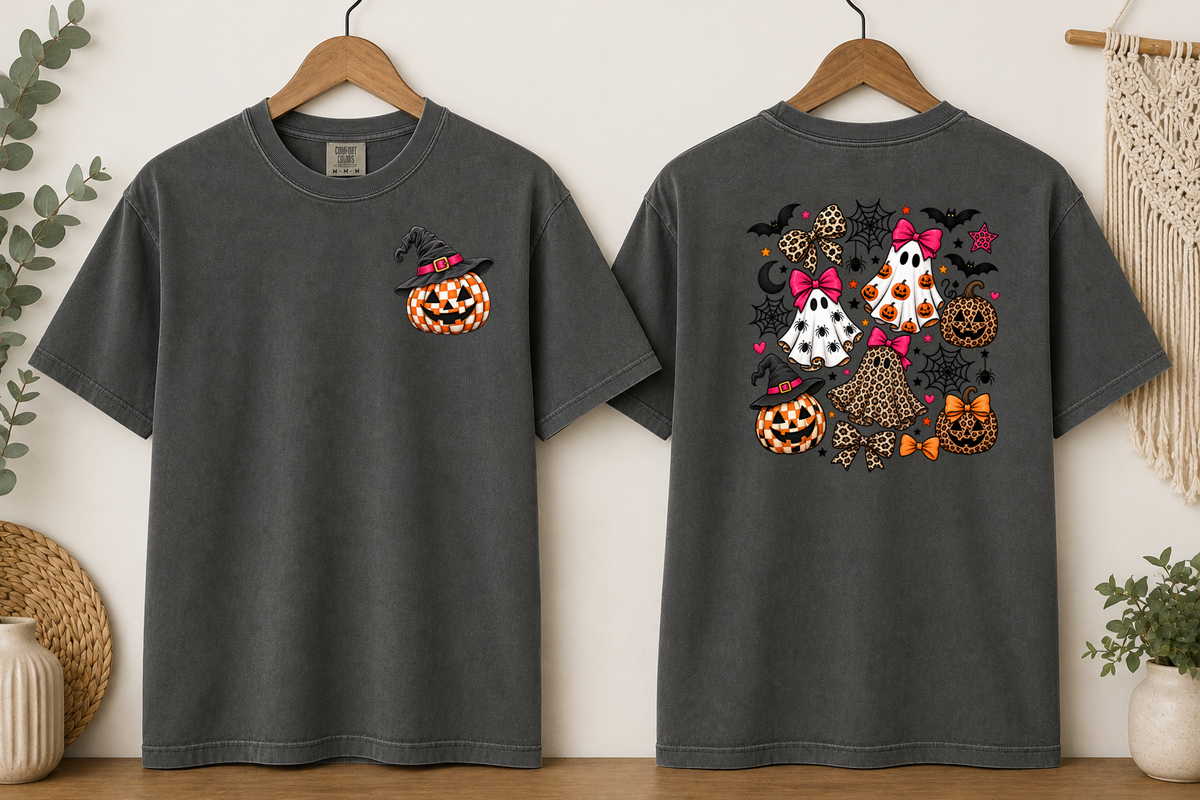 Halloween Ghost & Pumpkin Comfort Colors T-Shirt – Leopard Print Bows, Spooky Cute Front & Back Graphic Tee