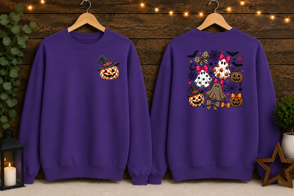 Spooky Cute Halloween Ghost & Pumpkin Sweatshirt – Leopard Print Bows, Witchy Pumpkin, Front & Back Halloween Crewneck