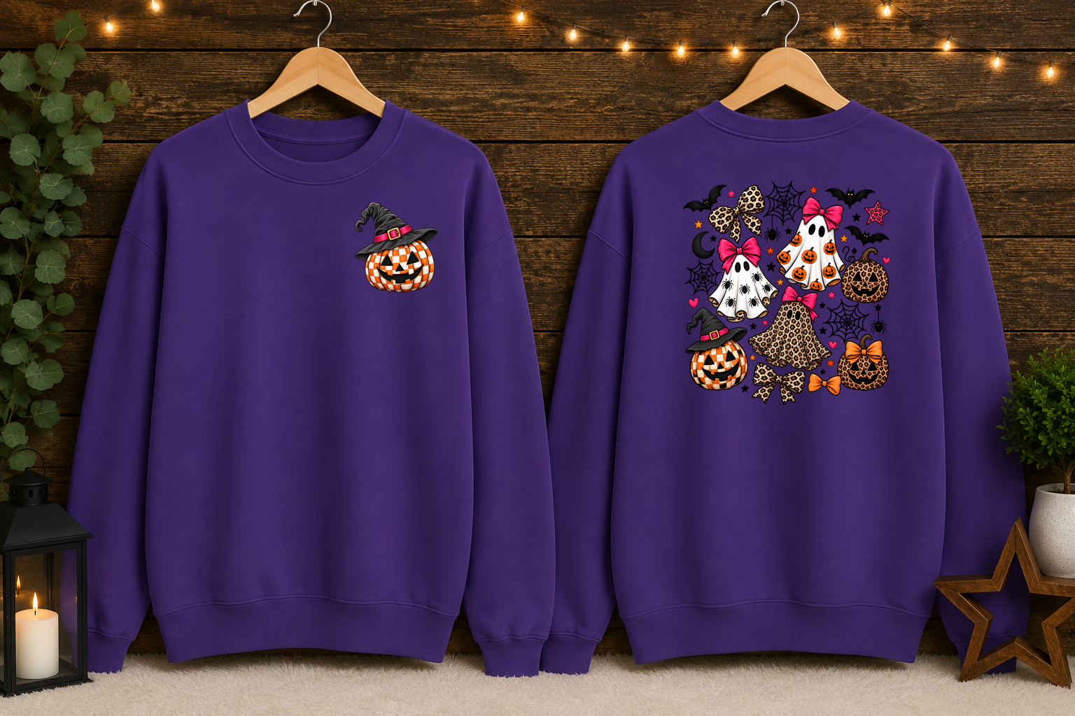 Spooky Cute Halloween Ghost & Pumpkin Sweatshirt – Leopard Print Bows, Witchy Pumpkin, Front & Back Halloween Crewneck