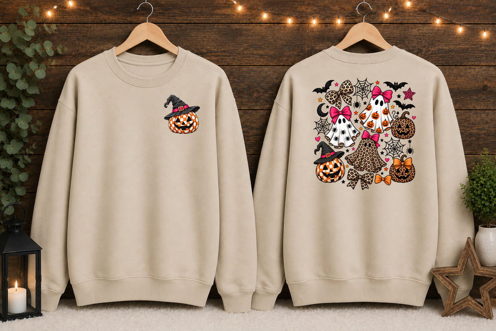 Spooky Cute Halloween Ghost & Pumpkin Sweatshirt – Leopard Print Bows, Witchy Pumpkin, Front & Back Halloween Crewneck