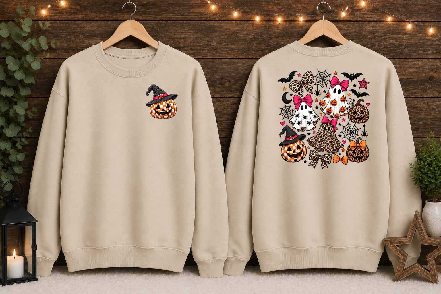 Spooky Cute Halloween Ghost & Pumpkin Sweatshirt – Leopard Print Bows, Witchy Pumpkin, Front & Back Halloween Crewneck