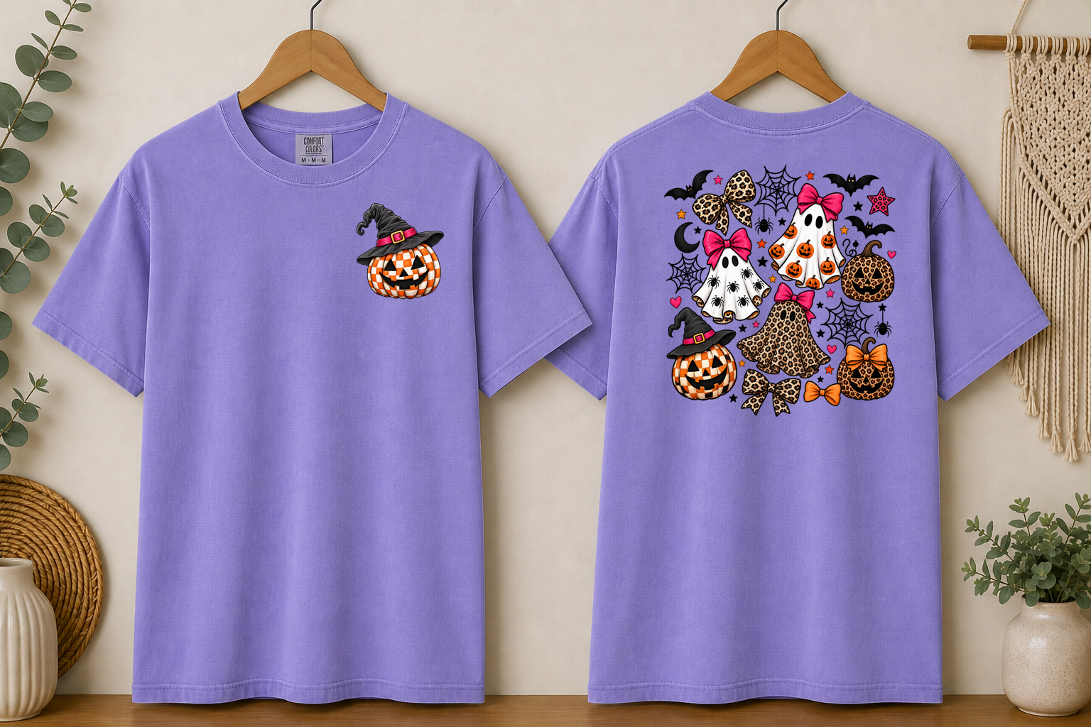 Halloween Ghost & Pumpkin Comfort Colors T-Shirt – Leopard Print Bows, Spooky Cute Front & Back Graphic Tee