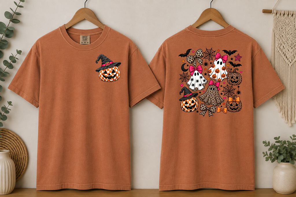 Halloween Ghost & Pumpkin Comfort Colors T-Shirt – Leopard Print Bows, Spooky Cute Front & Back Graphic Tee