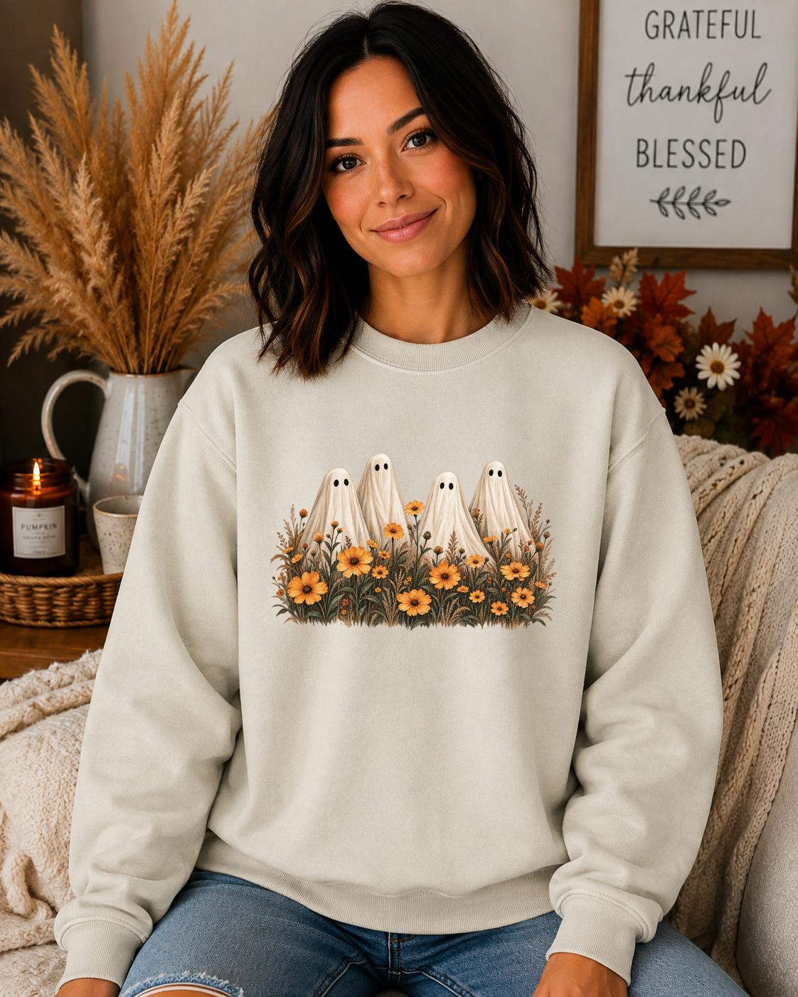 Gildan Fall Ghost Floral Sweatshirt – Cute Vintage Halloween Ghosts & Wildflowers Cozy Autumn Graphic Crewneck