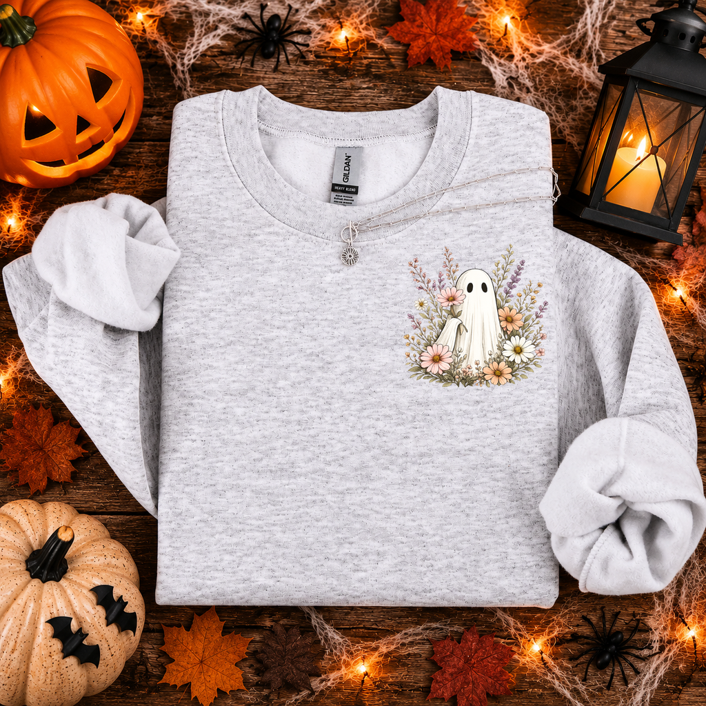 Ghost and Flowers, Ghost, Halloween, Gildan Sweatshirt