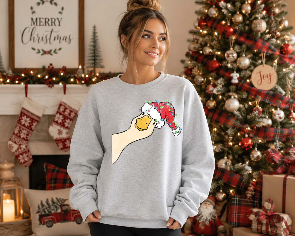 Christmas Goose Gildan Sweatshirt | Cute Goose in Santa Hat Crewneck | Funny Festive Holiday Graphic Sweatshirt