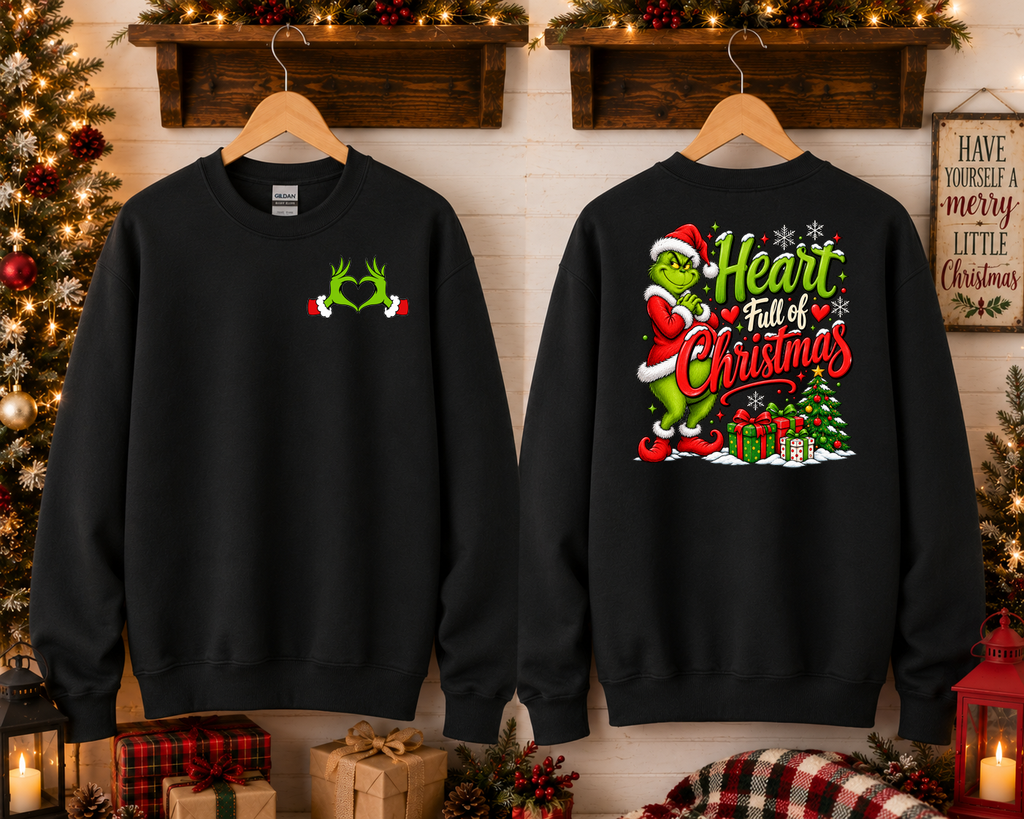 Heart Full of Christmas Grinch-Inspired Gildan Sweatshirt | Cute Holiday Crewneck | Christmas Graphic Sweatshirt