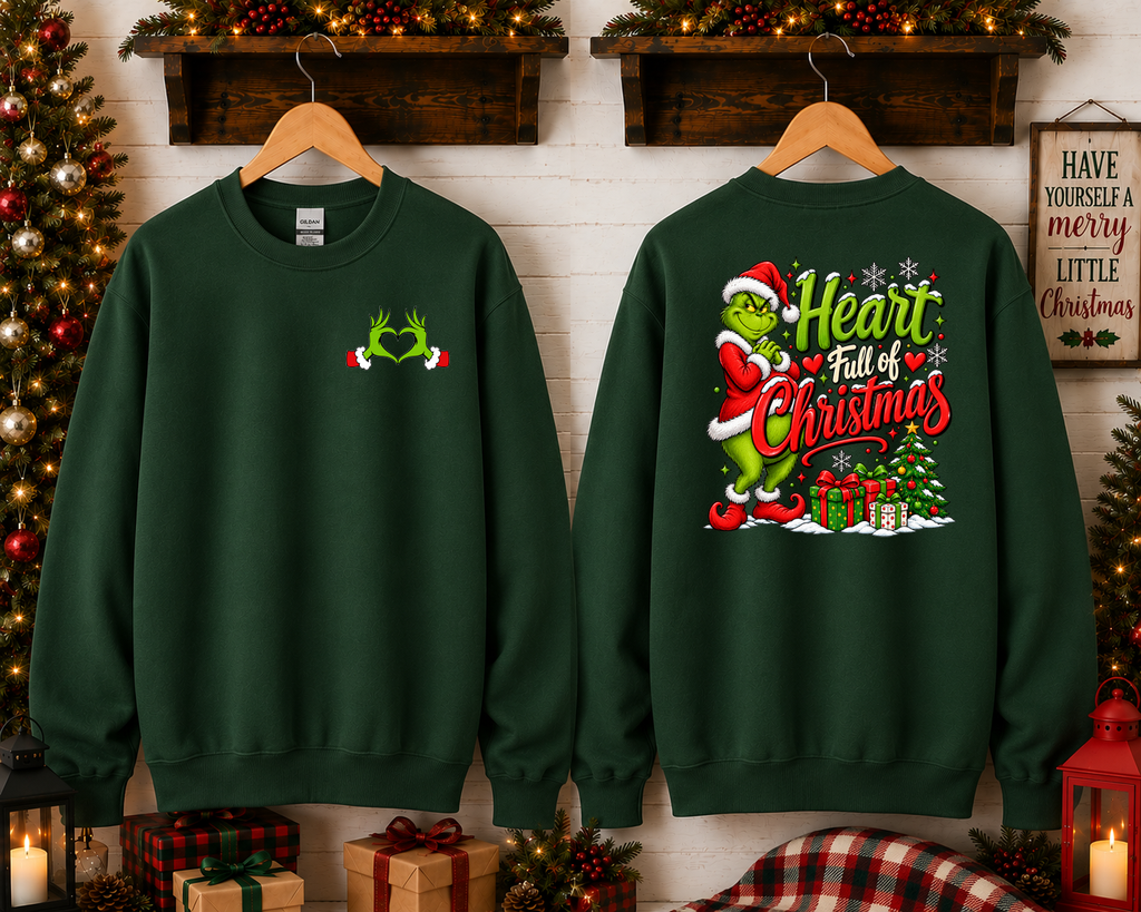Heart Full of Christmas Grinch-Inspired Gildan Sweatshirt | Cute Holiday Crewneck | Christmas Graphic Sweatshirt
