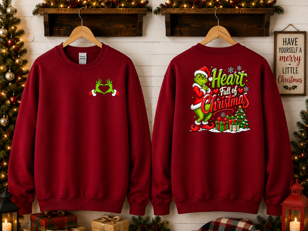 Heart Full of Christmas Grinch-Inspired Gildan Sweatshirt | Cute Holiday Crewneck | Christmas Graphic Sweatshirt