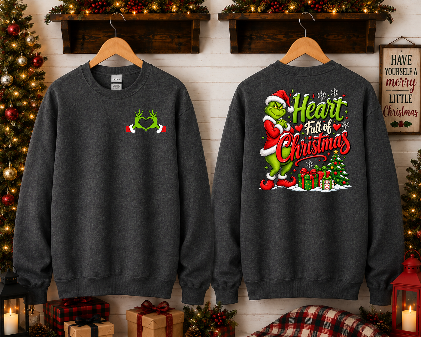 Heart Full of Christmas Grinch-Inspired Gildan Sweatshirt | Cute Holiday Crewneck | Christmas Graphic Sweatshirt