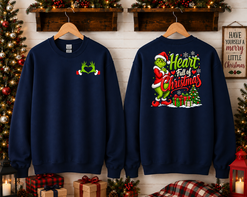 Heart Full of Christmas Grinch-Inspired Gildan Sweatshirt | Cute Holiday Crewneck | Christmas Graphic Sweatshirt