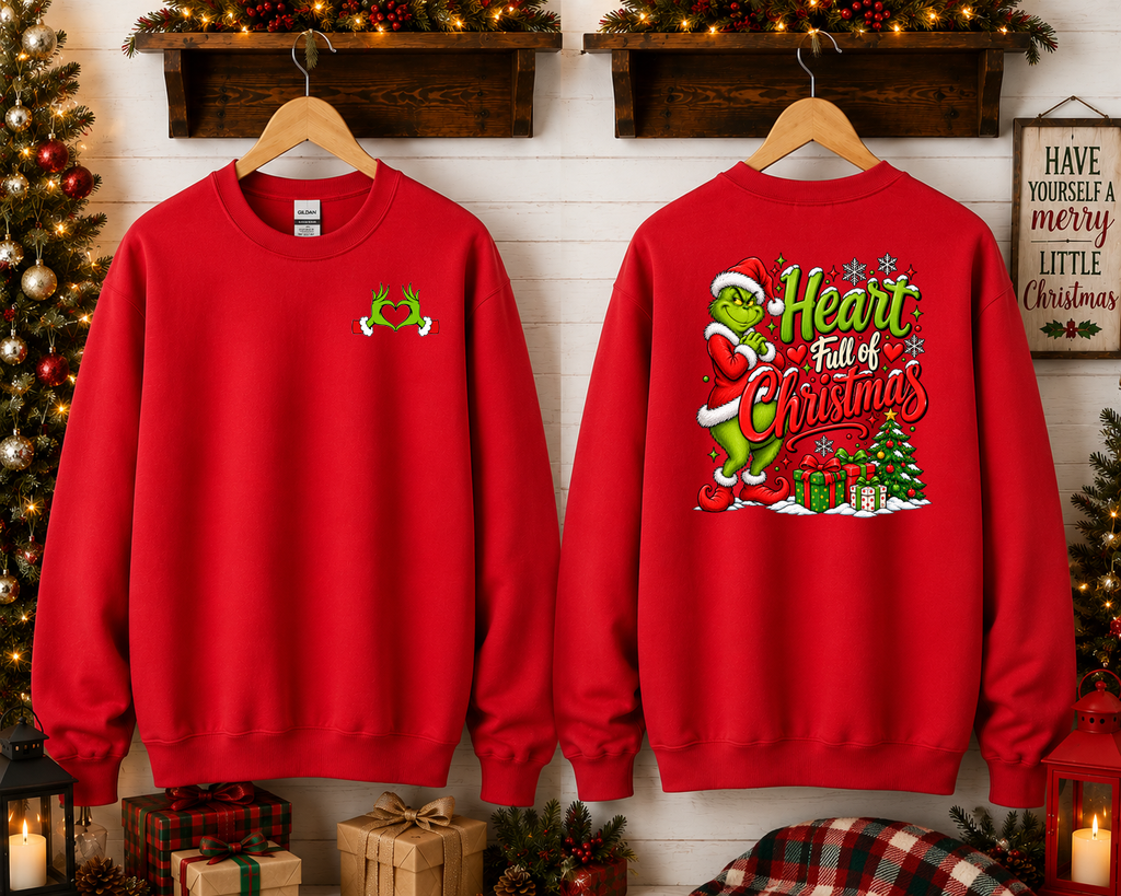 Heart Full of Christmas Grinch-Inspired Gildan Sweatshirt | Cute Holiday Crewneck | Christmas Graphic Sweatshirt