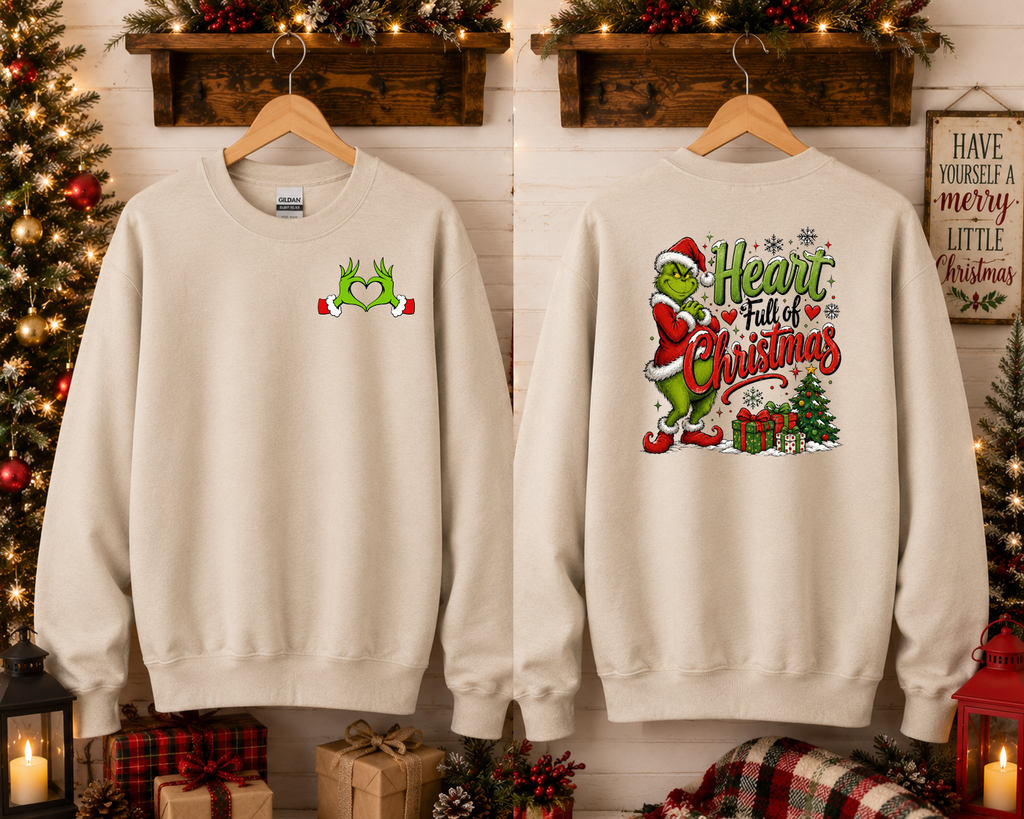 Heart Full of Christmas Grinch-Inspired Gildan Sweatshirt | Cute Holiday Crewneck | Christmas Graphic Sweatshirt