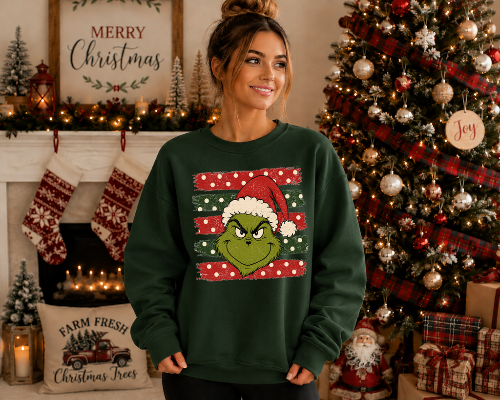 Grinch Christmas Gildan Sweatshirt | Festive Grinch Santa Hat Crewneck | Cute Christmas Holiday Graphic Sweatshirt