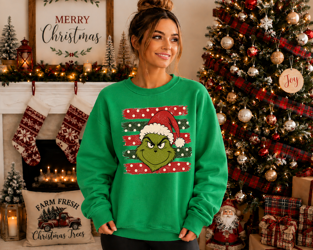 Grinch Christmas Gildan Sweatshirt | Festive Grinch Santa Hat Crewneck | Cute Christmas Holiday Graphic Sweatshirt