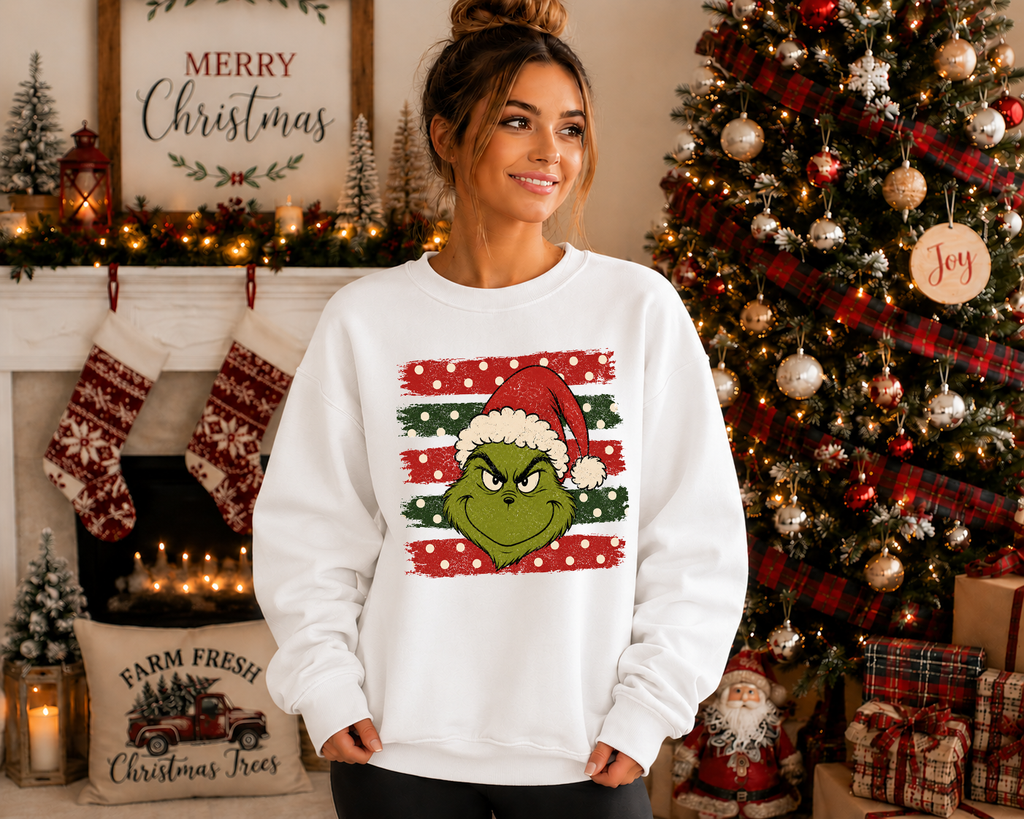 Grinch Christmas Gildan Sweatshirt | Festive Grinch Santa Hat Crewneck | Cute Christmas Holiday Graphic Sweatshirt