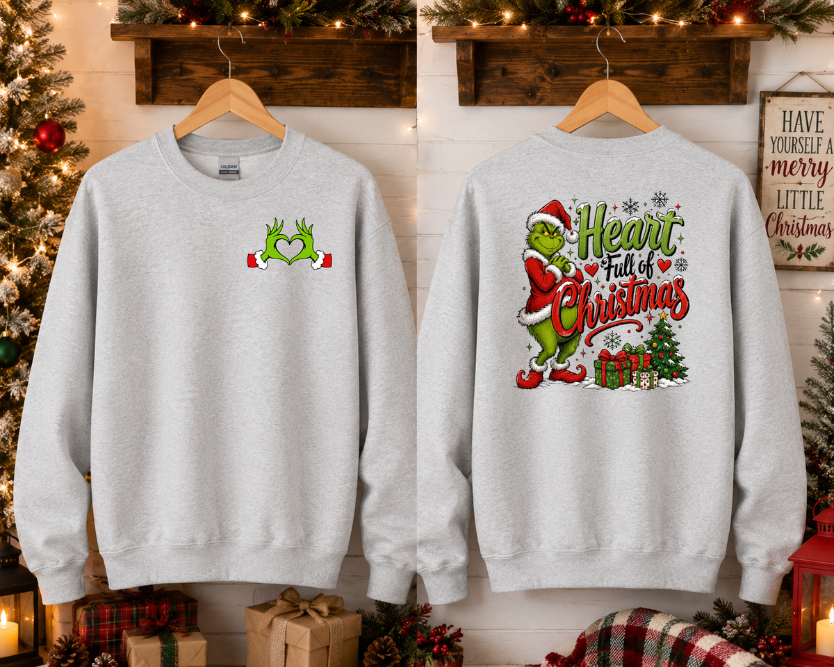 Heart Full of Christmas Grinch-Inspired Gildan Sweatshirt | Cute Holiday Crewneck | Christmas Graphic Sweatshirt