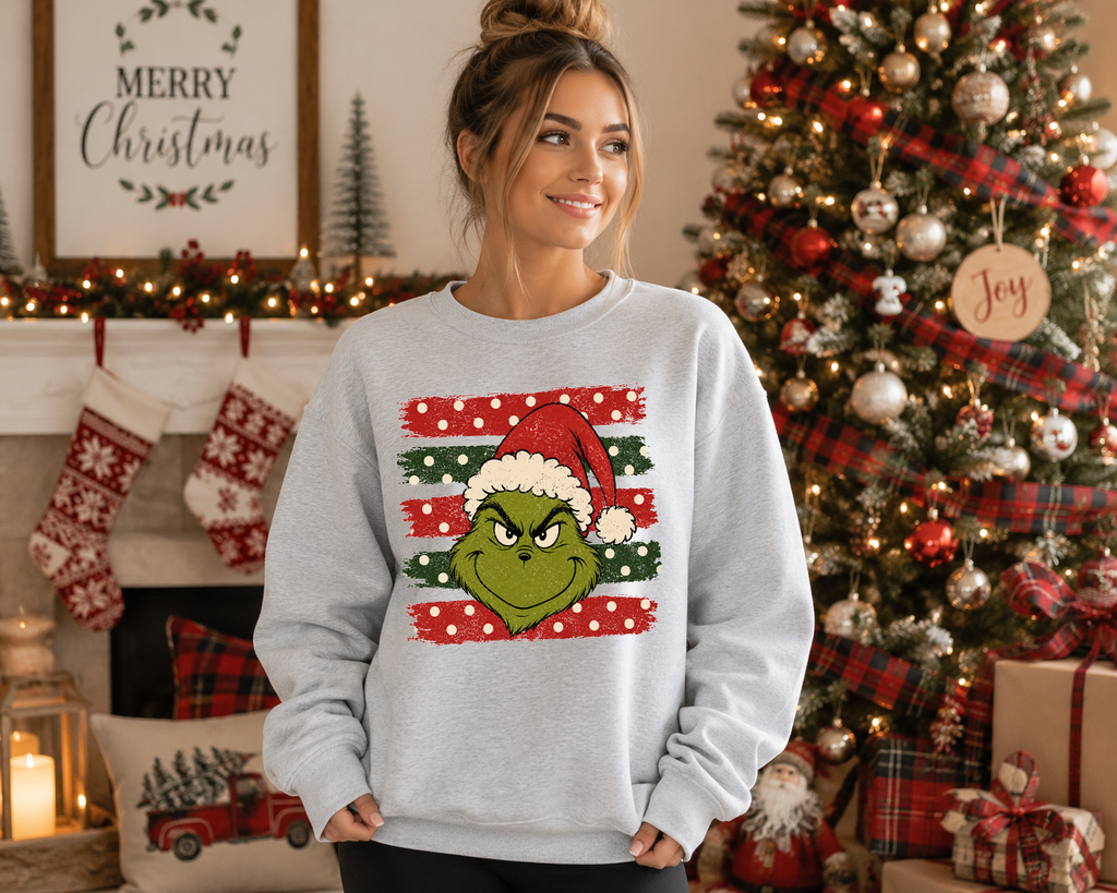 Grinch Christmas Gildan Sweatshirt | Festive Grinch Santa Hat Crewneck | Cute Christmas Holiday Graphic Sweatshirt