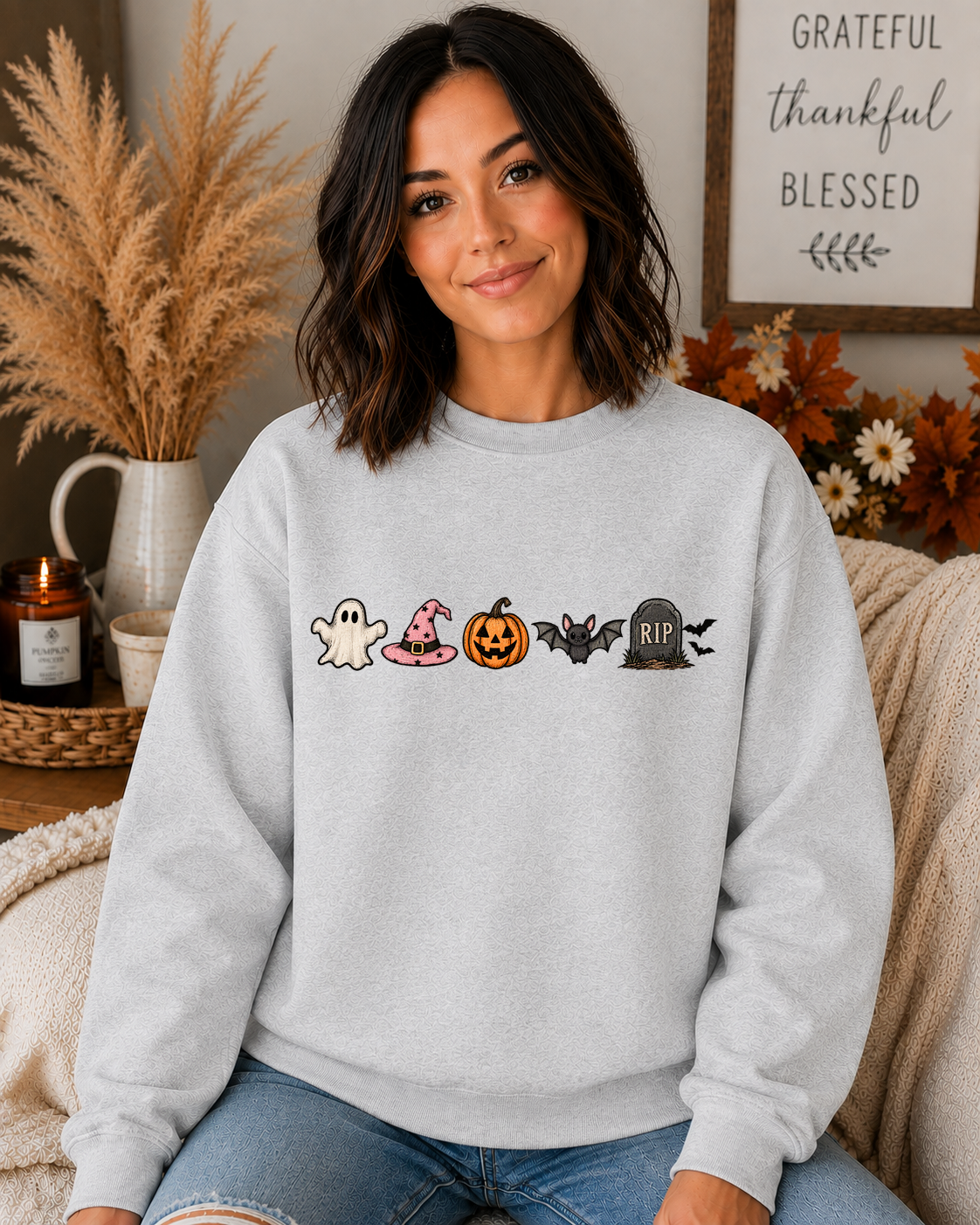 Cute Halloween Icons Gildan Sweatshirt | Ghost, Witch Hat, Pumpkin, Bat & RIP Tombstone | Spooky Season Fall Crewneck