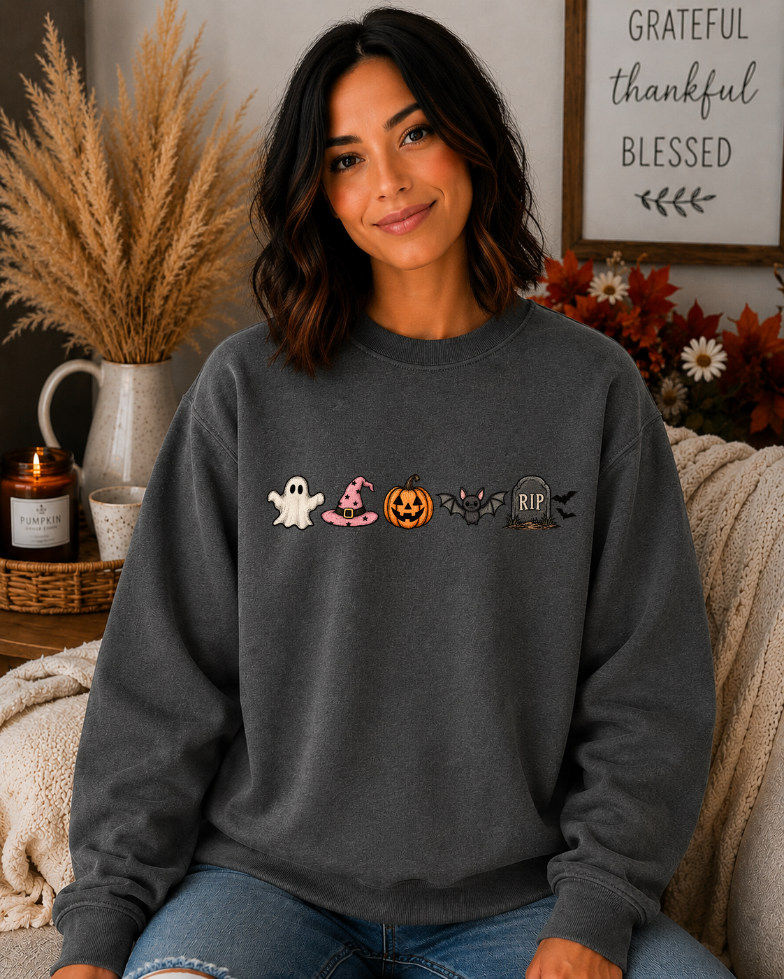 Cute Halloween Icons Gildan Sweatshirt | Ghost, Witch Hat, Pumpkin, Bat & RIP Tombstone | Spooky Season Fall Crewneck