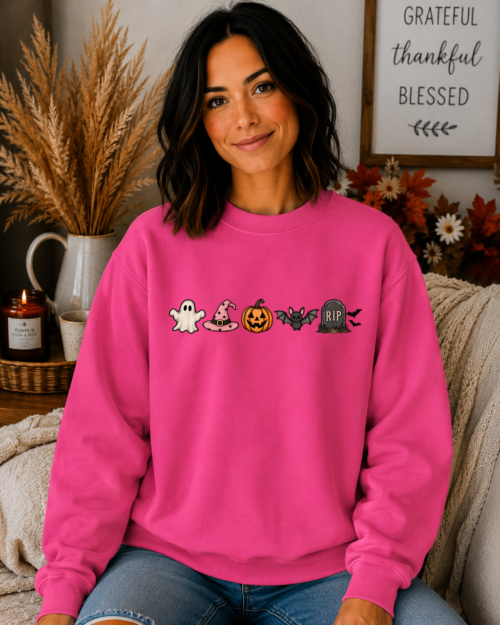 Cute Halloween Icons Gildan Sweatshirt | Ghost, Witch Hat, Pumpkin, Bat & RIP Tombstone | Spooky Season Fall Crewneck