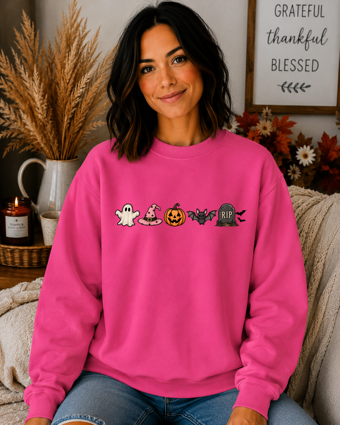 Cute Halloween Icons Gildan Sweatshirt | Ghost, Witch Hat, Pumpkin, Bat & RIP Tombstone | Spooky Season Fall Crewneck