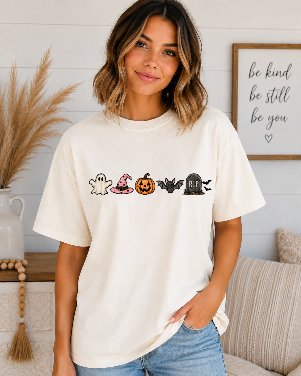Cute Halloween Icons Comfort Colors T-Shirt | Ghost, Witch Hat, Pumpkin, Bat & RIP Tombstone | Spooky Season Graphic Tee