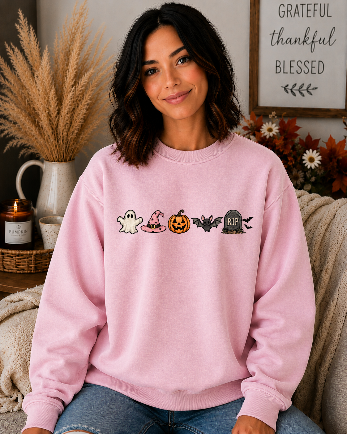 Cute Halloween Icons Gildan Sweatshirt | Ghost, Witch Hat, Pumpkin, Bat & RIP Tombstone | Spooky Season Fall Crewneck