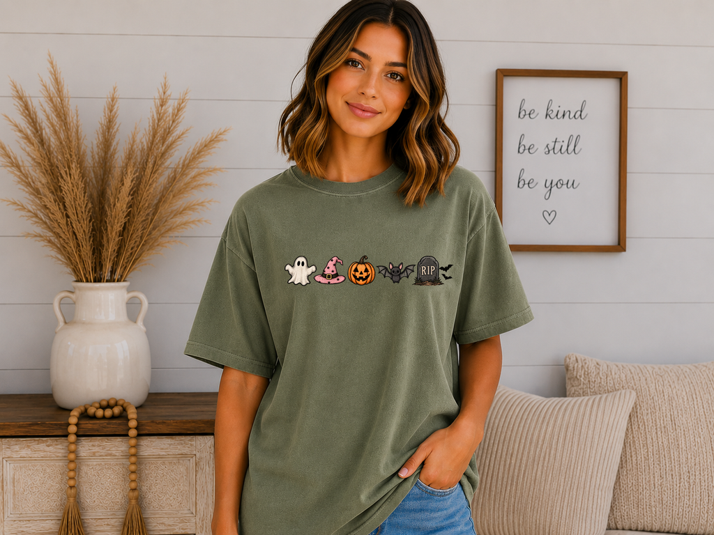 Cute Halloween Icons Comfort Colors T-Shirt | Ghost, Witch Hat, Pumpkin, Bat & RIP Tombstone | Spooky Season Graphic Tee
