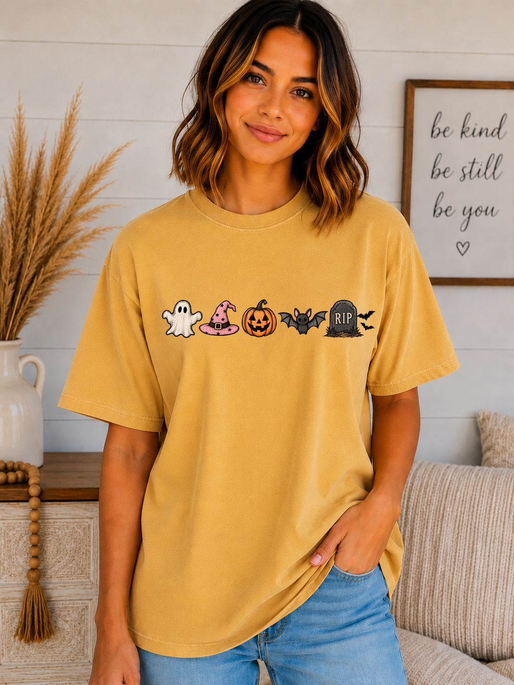 Cute Halloween Icons Comfort Colors T-Shirt | Ghost, Witch Hat, Pumpkin, Bat & RIP Tombstone | Spooky Season Graphic Tee