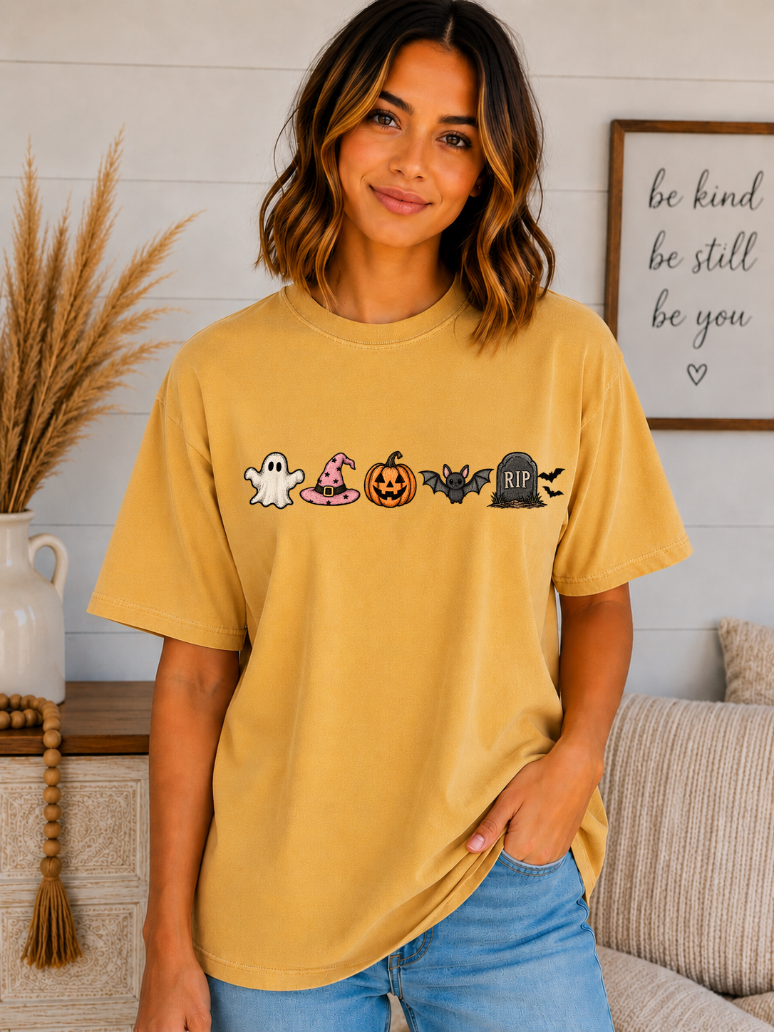 Cute Halloween Icons Comfort Colors T-Shirt | Ghost, Witch Hat, Pumpkin, Bat & RIP Tombstone | Spooky Season Graphic Tee